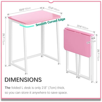 4NM 23.6" Mobile Small Folding Desk, Foldable Rolling Computer Home Office Desk, Study Writing Table for Small Space Saving Bedroom, with Wheels - Pink and White - color: Pink and White, size: 23.6"W x 15.7"D