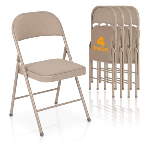 4 Pack Fabric Padded Folding Chairs Cushioned Foldable Dining Chairs, Portable Heavy-Duty Metal Frame Comfy Seats for Home Office Wedding Party Banquet Indoor Outdoor Commercial Event, Khaki - color: Khaki