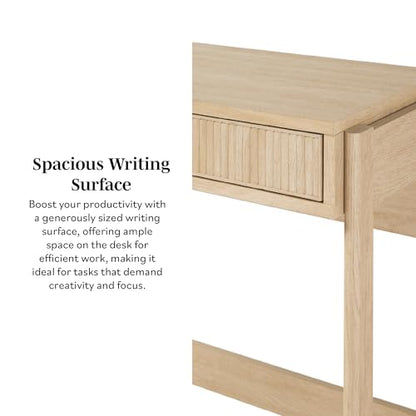 Walker Edison Transitional Office Design, Reeded Drawer Front Detail, Writing Desk with Drawer, Spacious Desktop, Complementary in Living Spaces, 38 Inch, Coastal Oak - color: Coastal Oak