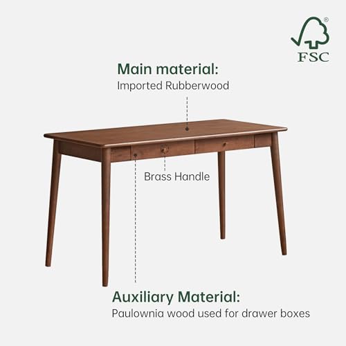 Computer Desk, Solid Wood Desk, Mid Century Modern Home Office, Writing Desk with Drawers for Study Bedroom Living Room 47.24" W - color: Walnut-rubberwood-5, size: 47"W