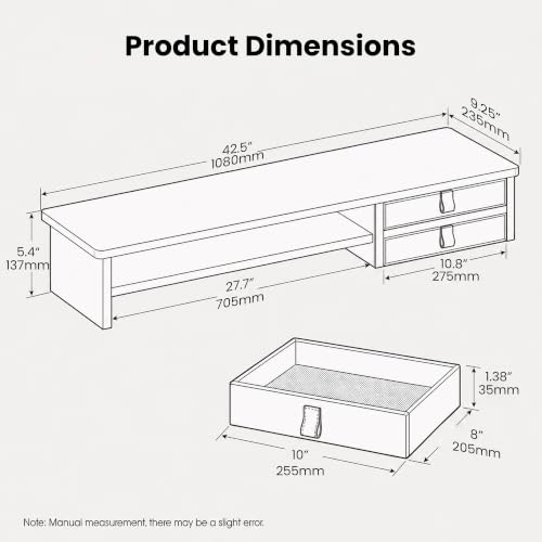 Dual Monitor Stand, 42.5 Inch Wood Monitor Riser with Drawers, 2 Tier Desktop Organizer for Computer Laptop TV, Large Screen Stand for Home Office Desk - color: Black