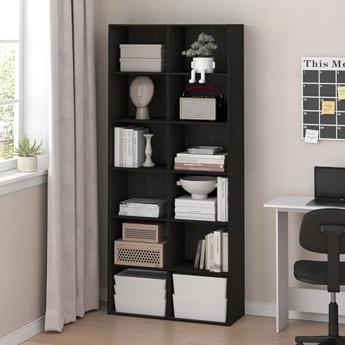 Furinno Basic Book Shelf, 12-Cube Bookshelf, Bookcase with Open Shelf, Cube Storage Organizer, 12 x 32 x 71, for Living Room, Home Office, Espresso