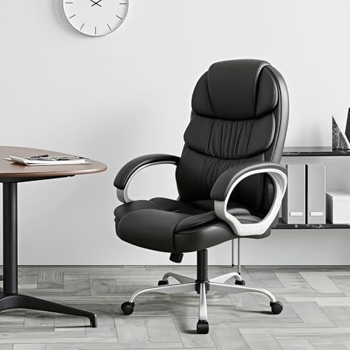 Furmax Leather High Back Office Chair Ergonomic Executive Office Chair Swivel Computer Desk Chair Lumbar Support Soft Cushioned Padded Arms (Ink Black) - color: Ink Black