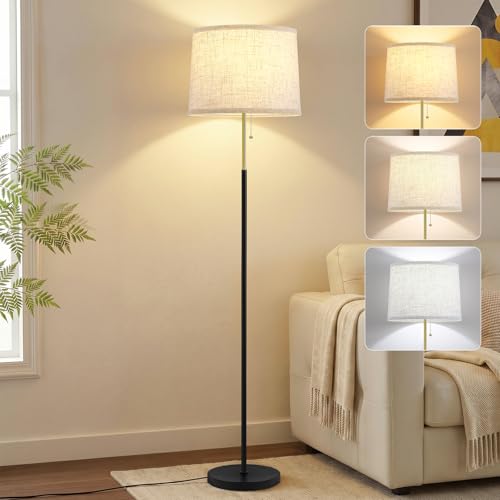 Floor Lamps for Living Room & Bedroom, 60" Modern Tall Standing Lamp, 3CCT | Lamps for Office, Classroom, Bedside, Linen Lampshade, Pull Chain Switch, Modern Design, Anti-glare Lighting, Easy Assembly - color: Linen T-Shades+Blackgold Pole