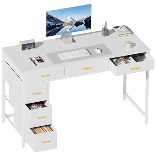 HLDIRECT 47" Computer Desk with 6 Drawers & Large Storage Space | FSC-Certified Wood, 19.7"D x 29"H, Steel Frame, Triangular Supports, Writing Workstation for Home Office, Gaming, White - color: White