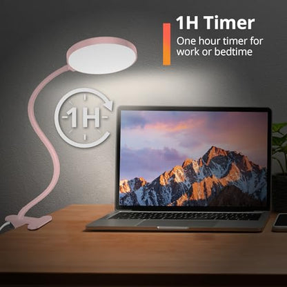 iFalarila Reading Light with Remote, LED Desk Lamp Clip on [1H Timer & Nightlight] RA>95 Dimmable Flexible Gooseneck, Reading Lamp with Clamp for Table - 3.5'' (Adapter Included) - style: 3.5'' Pink