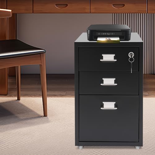 CNCEST 2-Drawer Vertical File Cabinet Metal Mobile Filing Cabinet with Lock Rolling File Drawer Cabinet Under Desk Sturdy Steel Storage Unit with Glide Drawers Lockable Wheels for Home Office (Black) - color: Black
