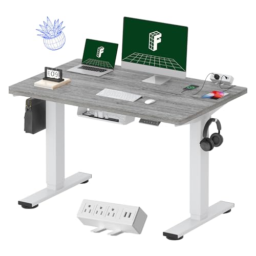 FLEXISPOT EN2 48"x30" Whole-Piece Standing Desk with Power Strip | Whole-Piece Desktop, Easy-Access Clamp Power Strip, Organized Cable Management, Modern Home Office Setup, Gray Wood Grain - color: Gray Wood Grain + White Frame, size: 48x30"