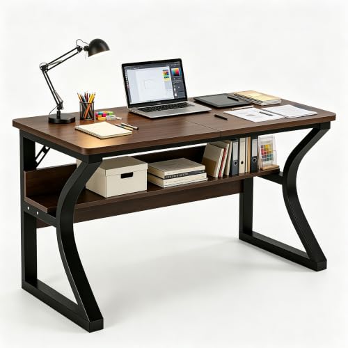 47'' Computer Desk Home Office Desk, Modern Computer Desk w/U Shaped Metal Frame, Storage Shelves, PC Table Study Writing Desk Workstation for Home Office (55inch/Dark Walnut Color) - size: 55inch/Dark walnut color