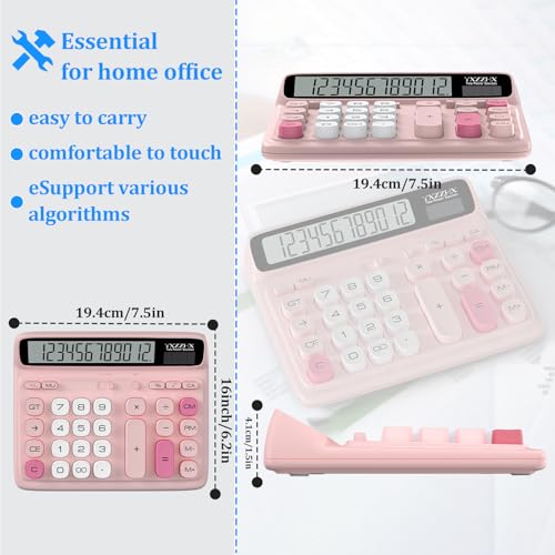 Desktop Calculator with Extra Large 5-Inch LCD Display, 12-Digit Two Way Power Solar & Battery Office Calculator with Big Buttons for Business, Accounting & Home Use(Pink) - color: Pink