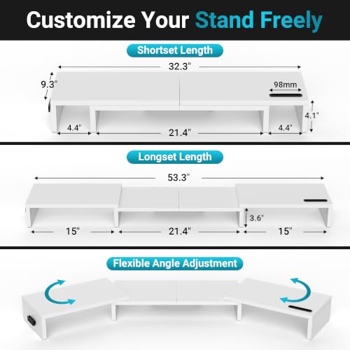 BONTEC Triple Monitor Stand Riser with Smartphone Holder, White - color: White, size: 53.3 in