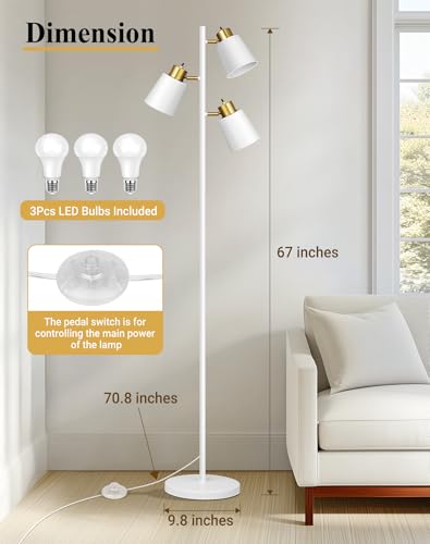 Tree Floor Lamps for Living Room, 67" Modern Standing Lamp with 3 Lights | 3 LED Bulbs Included, 3 Rotatable Light Heads, White Gold, Metal Material, 2700K Stand up Lamps, Tall Lamp for Bedroom Home - color: White Gold