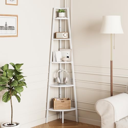 Yoobure 5-Tier Corner Shelf Stand- 67.5" Tall Corner Bookshelf with Metal Frame, Industrial Ladder Corner Shelves Display Shelf for Bedroom Living Room, Corner Bookcase Corner Plant Stand for Balcony - color: White, size: 5 Tier