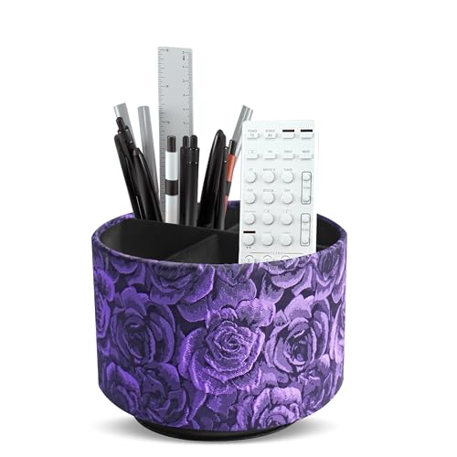 Round Leather Art Supply Organizer,Remote Control Holder,360 Degree Rotating,Multi-Functional Pencil Holder,4 Compartments Desktop Stationary Organizer(1-3D Rose Purple) - color: 1-3D Rose Purple