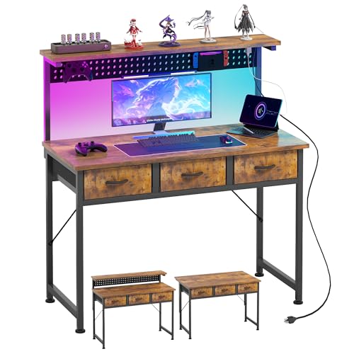 MUTUN Computer Desk with Drawers, 40 Inch Computer Desk with Power Outlet & LED Light, Gaming Desk with Adjustable Monitor Stand & Pegboard, Modern PC Study Writing Table for Bedroom, Rustic Brown - color: Rustic Brown, size: 40 Inch