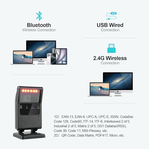 OBZ Bluetooth Wireless Barcode Scanner,Desktop Hands-Free Bar Code Scanner | Wireless/Bluetooth/USB Wired Connection,2600mAh Battery,1D 2D QR Scanning,Compatible with Windows,Mac,and Linu - style: Rectangle