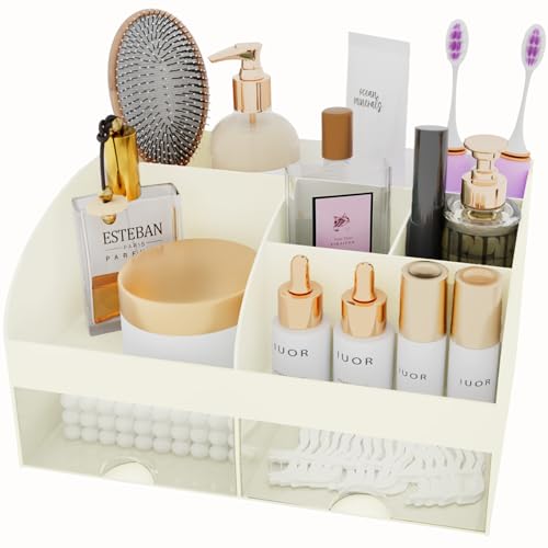 Makeup Organizer with Drawers, Cosmetic Storage for Dresser Vanity and Bathroom Countertop, Beauty Holder for Lipstick Brush, Skincare Organizer for Vanity, Cosmetic Display Case (Ivory) - color: Ivory
