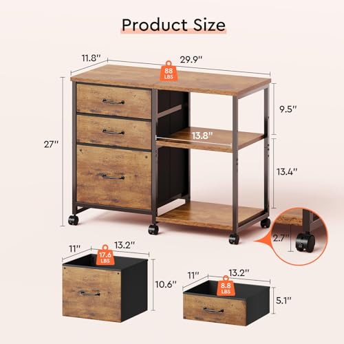 Maihail 3 Drawer File Cabinet with Wheels with Open Storage Shelf - color: Rustic Brown Top+brown Drawer