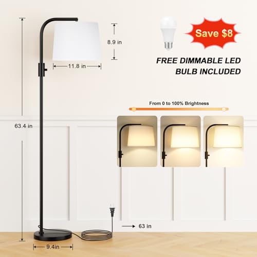 Fully Dimmable Floor Lamp with 9W LED Bulb, Standing Lamp for Living Room with Adjustable Head, Modern Tall Light with Rotary Switch for Office, Black and White - color: C:Black and Linen White