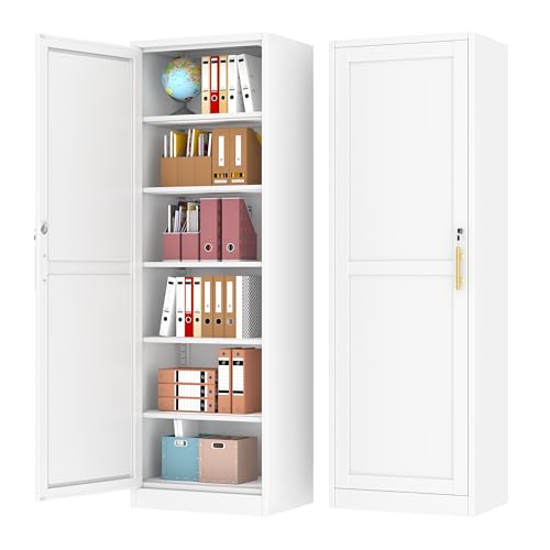 Tall Narrow Slim Metal Storage Cabinet with Lock and 5 Adjustable Shelves,Steel File Cabinets,Kitchen Pantry Cabinet Locker Organizer - 67" Storage Cabinets Bathroom,Bedroom,Office,White - color: White, size: 67H-1D
