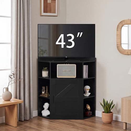 VECELO Corner Storage Cabinet with Charging Station, 34" Shelf with Door & Adjustable Shelves, Organizer for Living Room, Office & Gaming Setup, Fits Monitors up to 43" TV, Black - color: Black
