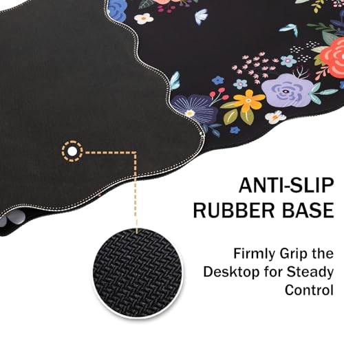 L-SPOUTTO Floral Mouse Pad, Black Scalloped Desk Mat XXL Gaming Mousepad | Botanical Large 35.4x15.7in Non-Slip Rubber Base Keyboard Pad Waterproof Desktop Mat for Laptop Computer Game Home Office - color: Black Floral