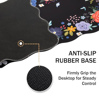 L-SPOUTTO Floral Mouse Pad, Black Scalloped Desk Mat XXL Gaming Mousepad | Botanical Large 35.4x15.7in Non-Slip Rubber Base Keyboard Pad Waterproof Desktop Mat for Laptop Computer Game Home Office - color: Black Floral