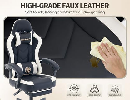 Office Desk Computer Gaming Chair for Adults, Ergonomic High Back Gamer Chair with Massage and Pocket Spring Cushion, Swivel Comfy Video Game Chairs with Footrest and Lumbar Support (Black White) - color: Base White Leather