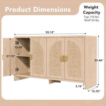 Rattan Sideboard Buffet Cabinet with Storage, 55" Accent Cabinet with Arch Doors & Adjustable Shelves, Boho Credenza Coffee Bar Console Table for Dining Room, Living Room, Entryway, Kitchen