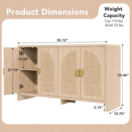 Rattan Sideboard Buffet Cabinet with Storage, 55" Accent Cabinet with Arch Doors & Adjustable Shelves, Boho Credenza Coffee Bar Console Table for Dining Room, Living Room, Entryway, Kitchen