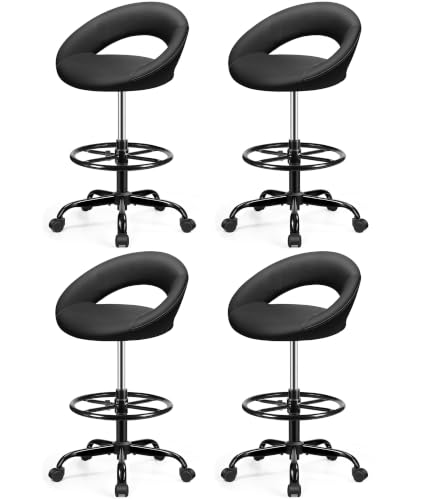 Ergonomic Drafting Chair for Standing Desk, Swivel Rolling Stool | Height Adjustable Tall Shop Stool with Foot Rest, Back Support & PU Leather, Home Office Kitchen Counter Salon, Black 4 Pack - color: Black, size: 4 Pack