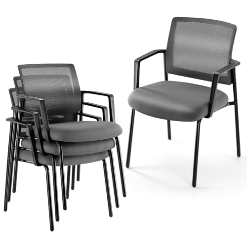 Sweetcrispy Stackable Mesh Guest Reception Chairs - Ergonomic Lumbar Support for Waiting Conference Meeting Room, Office School Lobby and Church, Space Saving, Grey Set of 4