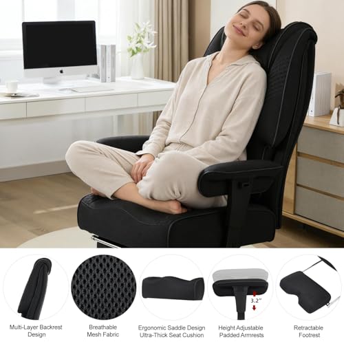 EXCEBET Big and Tall Office Chair 400lbs Wide Seat, Leather High Back Executive Office Chair with Lumbar Support, Ergonomic Chairs Padded Armrests & Thick Cushion (Mesh Dark Black) - color: Mesh Dark Black