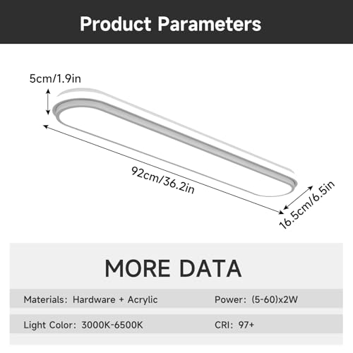 Metal LED Ceiling Light,55W Linear Ceiling Lamp,6500K Cool White Modern Ultra Thin Low Profile Light Fixture for Kitchen, Home & Office Hallway (36.2") - color: White Light(CRI 97+) - B, size: 36.2 Inch