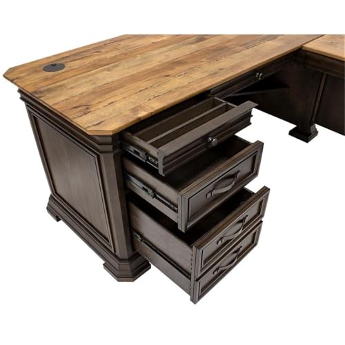 Bowery Hill Executive L-Desk & Return, 68 x 72 x 30 in, Solid Wood Plank Top, Brown Finish, Two-Tone Design, Antique Bronze Hardware, Dropfront Drawer, AC/USB Power Center, Fully Assembled Office Desk