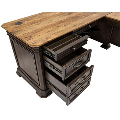 Bowery Hill Executive L-Desk & Return, 68 x 72 x 30 in, Solid Wood Plank Top, Brown Finish, Two-Tone Design, Antique Bronze Hardware, Dropfront Drawer, AC/USB Power Center, Fully Assembled Office Desk