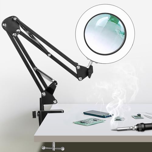 KIRKAS Magnifying Glass with Light and Stand, 12X 20in Clamp | Magnifier Adjustable Color Dimmable for Craft Hobby Repair Sewing Beading Close Work, LED Lighted Desk Lamp Swivel Arm Black - color: Black, size: 12X-20in Clamp
