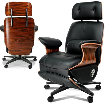 Ergonomic Leather Office Chair,Electric Recline/Footrest/Massage | 90-135° recline, footrest, 3-level massage, S-curve support, fits 5'3-6'1, solid wood, all-day comfort for home office,black - color: Black