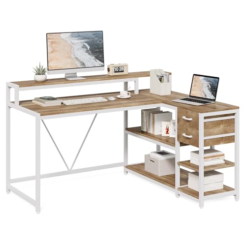 LITTLE TREE 55-Inch L-Shaped Computer Desk, Reversible Computer Desk with Drawers and Storage Shelves, Corner Desk Gaming Desk Work Desk for Home Office, Walnut - color: Walnut