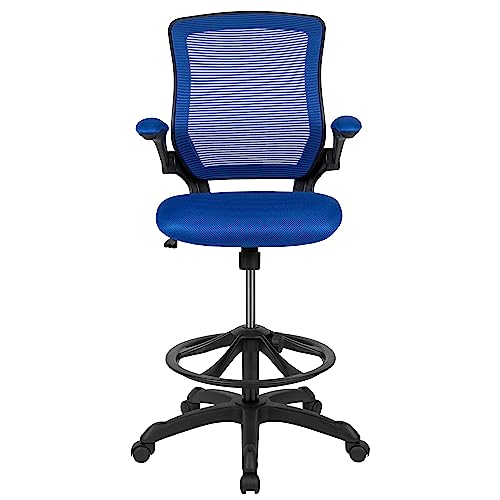 EMMA + OLIVER Mid-Back Blue Mesh Drafting Chair - color: Blue
