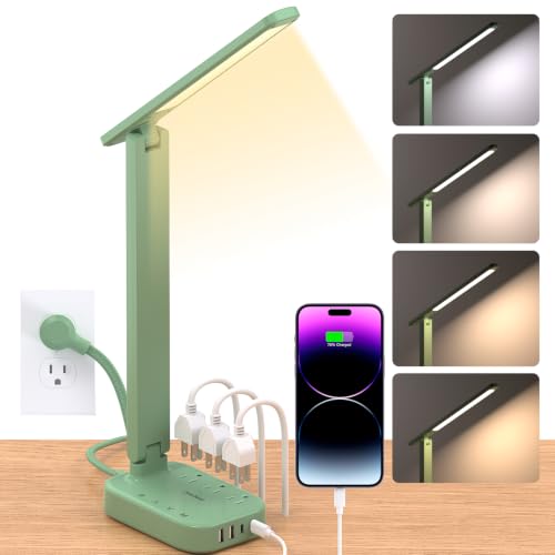 LED Desk Lamp Power Strip with 4 USB 3 Outlets, Dorm Room Essentials, Green - color: Green, size: 5 Ft