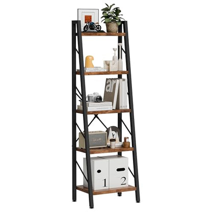 Shintenchi 5 Tier Ladder Shelf, Freestanding Corner Storage Shelves with Adjustable Feet and Anti-Falling Kit, Industrial Bookcase for Living Room, Bedroom, and Home Office, Rustic Brown - size: 16.7'' W x 12'' D x 55.8'' H-no Drawer