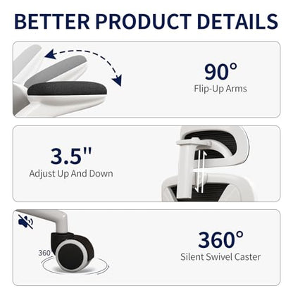 Ergonomic Office Chair - Desk Chair with Adjustable Headrest Lumbar Support Computer Chair - Mesh Comfy Chair with Flip-up Armrests - Gaming Chairs for Adults Home Office 330 LBS (White+Black) - color: White+black