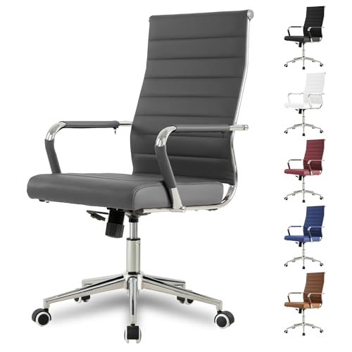 Okeysen Grey Office Desk Chair, Ergonomic Leather Modern Conference Room Chairs, Executive Ribbed Height Adjustable Swivel Rolling Chair for Home Office. - color: Grey