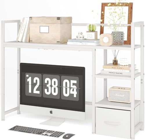 Desk Shelf with Drawer, 41.3" Desktop Organizer Shelf, Desk Hutch for Computer Monitor Max 32", 3 Tier Desktop Display Rack, Wooden Desk Top Bookshelf Storage Rack for Home Office Dorm, White - color: White