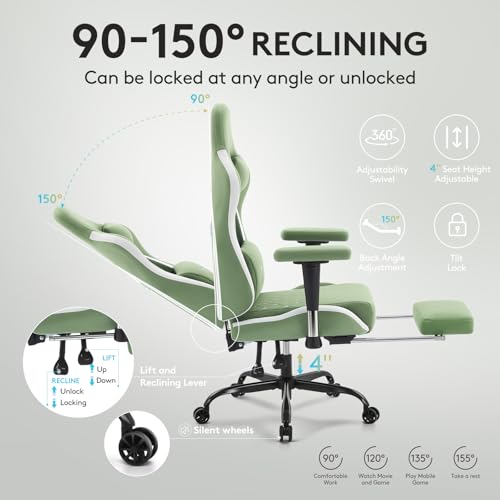 Gaming Chair,Computer Office Chair with Footrest,Massage,Green | Breathable Fabric,Gel Pad,Ergonomic,Spring Cushion,High Back,2D Adjustable Arms,Reclining,Lumbar Support,Headrest,Gamer Chair - color: Green