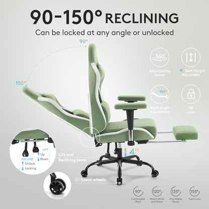 Gaming Chair,Computer Office Chair with Footrest,Massage,Green | Breathable Fabric,Gel Pad,Ergonomic,Spring Cushion,High Back,2D Adjustable Arms,Reclining,Lumbar Support,Headrest,Gamer Chair - color: Green