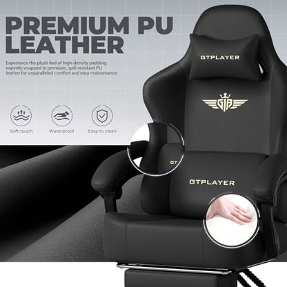 GTPLAYER Gaming Chair with Pocket Spring Cushion, Big and Tall Gamings Chairs 350LBS High Back Computer Chair with Footrest for Adults Lumbar Support Swivel Game Chair for Office,Leather Black-Massage - color: Black With Massage