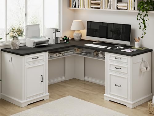 Farmhouse L Shaped Executive Desk with 4 Drawers and Charging Station, Wood Corner Home Office Computer Desk with File Cabinet Storage, Hidden Under Desk Storage Shelf, Headphone Hook - Black+White - color: Black+white