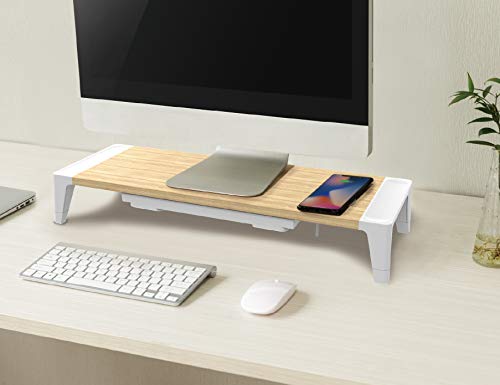 Bostitch Office Wooden Monitor Stand with Wireless Charging Pad, Drawer for Storage, Adjustable Height Riser Includes Removable Non-Skid Rubber Feet - Wood Grain and White (STND-2408WH) - style: Wood-Grain Riser